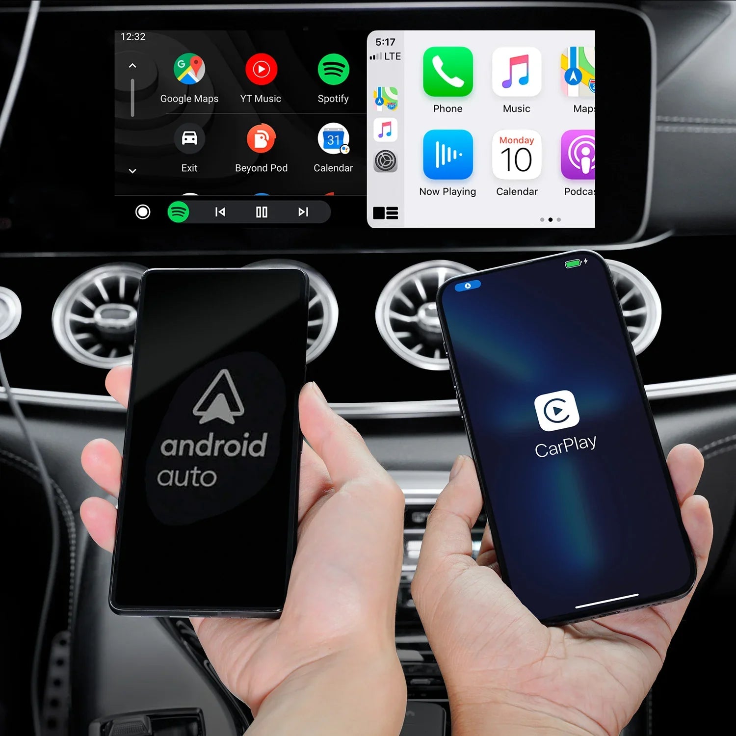 Wireless CarPlay and Android Auto running through the HexaCharge adapter on a car dashboard