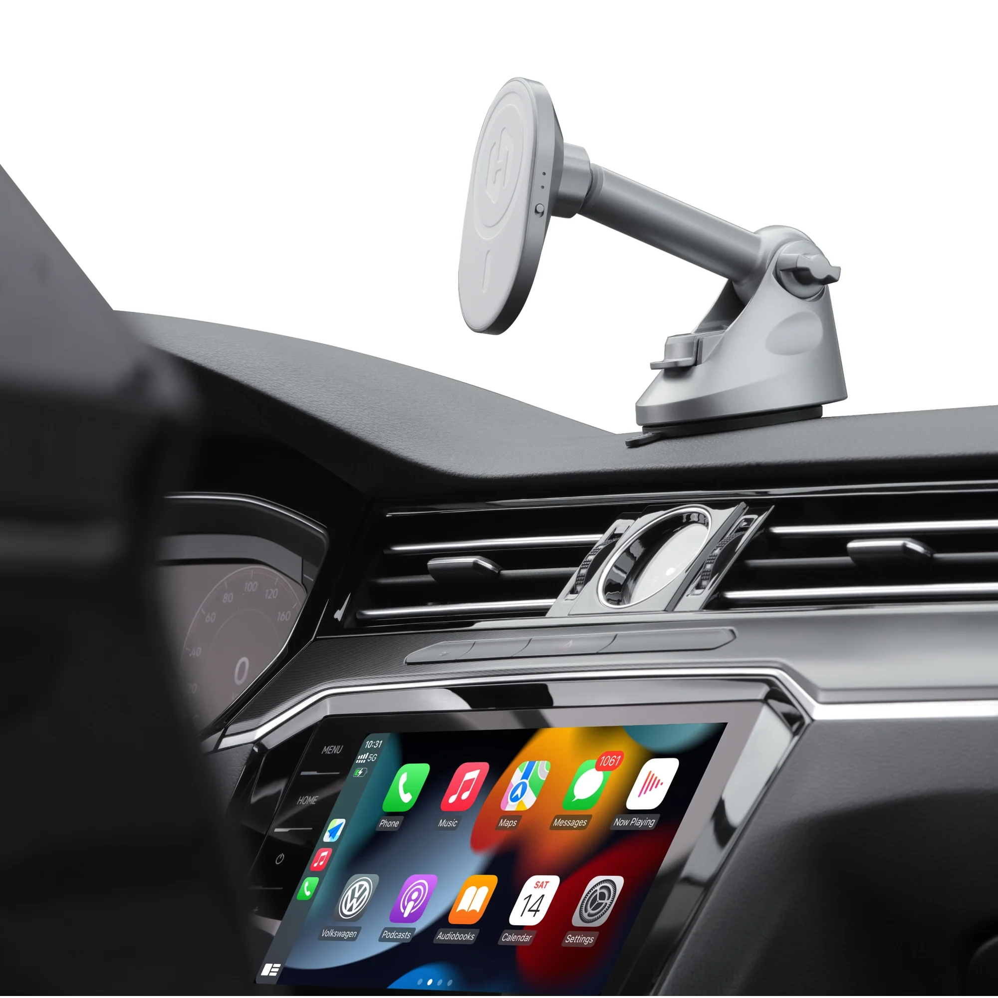 iPhone charging on the HexaCharge MagSafe car mount while running wireless CarPlay