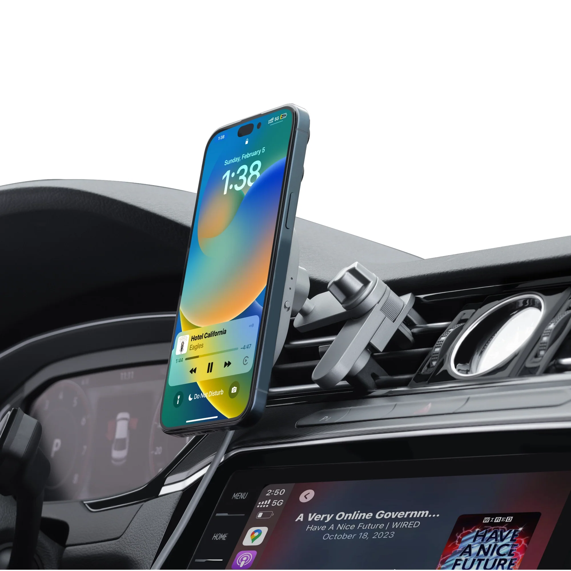 How the HexaCharge wireless CarPlay adapter connects — plug into USB, phone pairs wirelessly