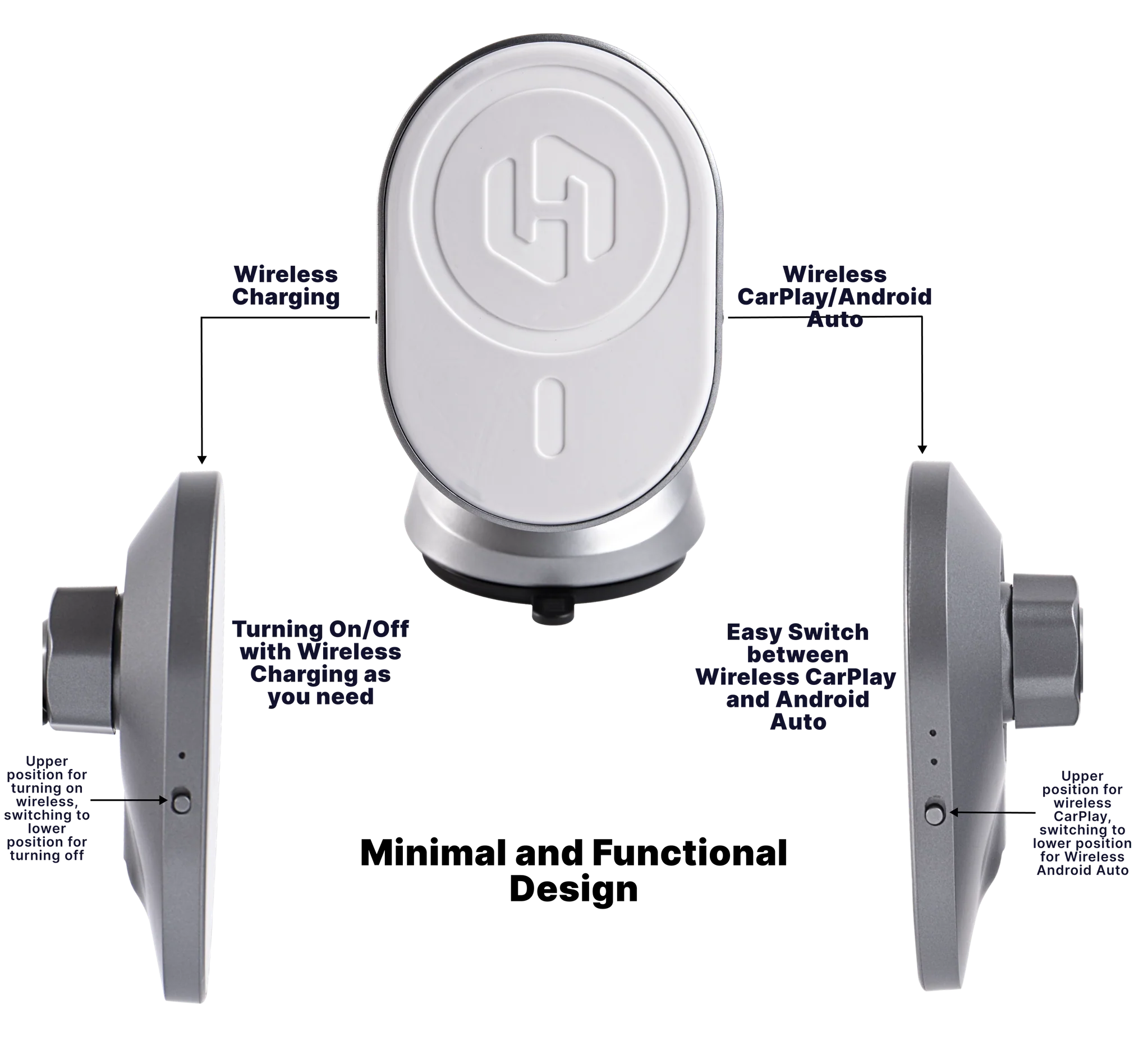 HexaCharge slim MagSafe wireless charging car mount — minimal, functional design